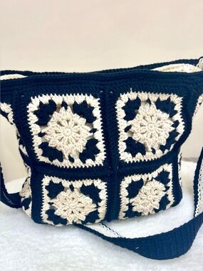 Handmade Navy & Cream Crochet Crossbody Bag - Women Bags